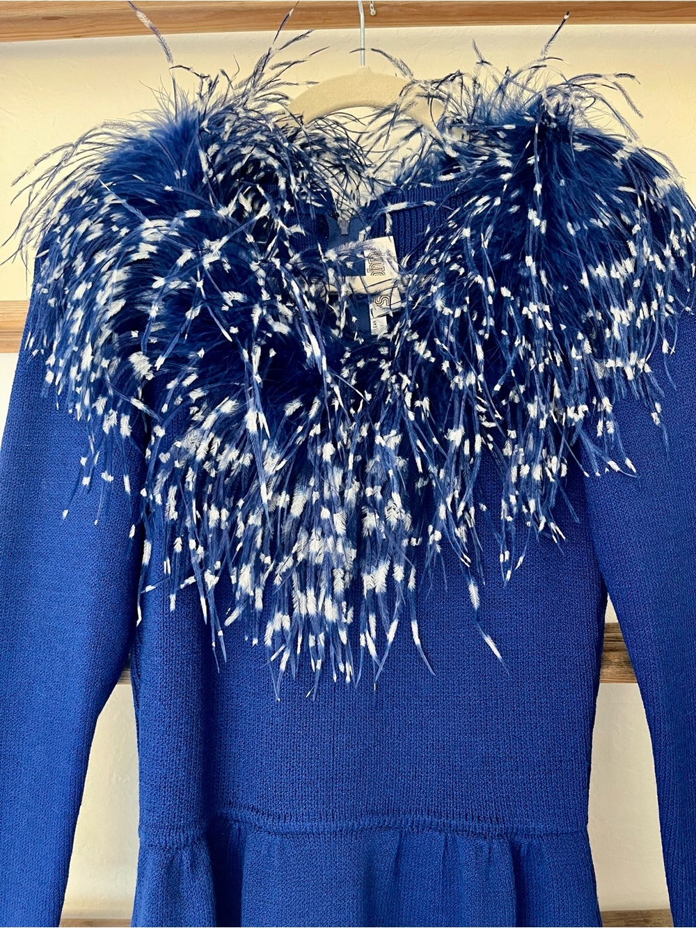 Vintage St. John Royal Blue Ostrich Feather-Trim Santana Knit Dress - Picture 3 of 8